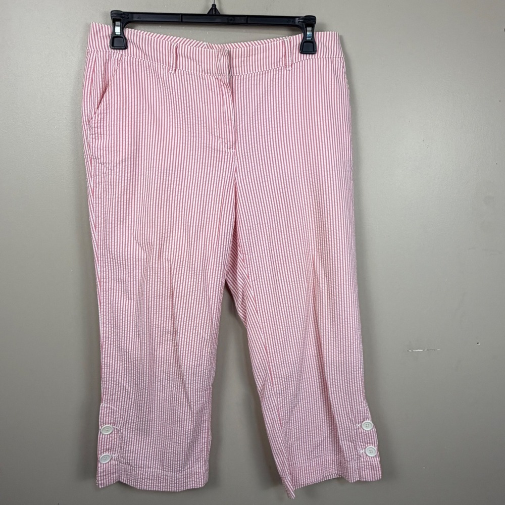 Tommy Hilfiger Pink White Seersucker Striped Crop Pants Womens 12 Button Hem